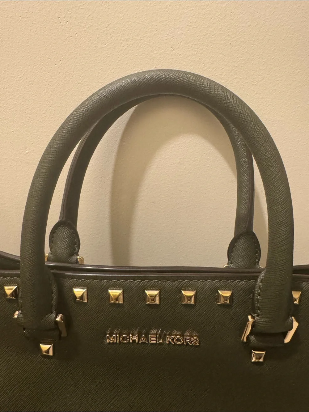 PRE-LOVED Michael Kors Olive Green Large Saffiano Leather Stud Satchel